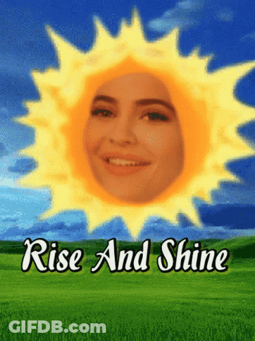 A Sun With A Woman 'S Face On It And The Words Rise And Shine GIF