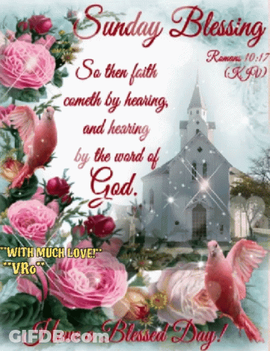 A Sunday Blessing Greeting Card With Pink Flowers And Birds GIF