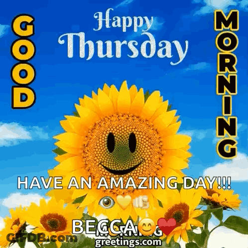 A Sunflower With A Smiley Face On It And The Words `` Happy Thursday Morning Have An Amazing Day '' . GIF
