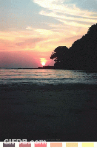 A Sunset Over A Body Of Water Is Shown With A Color Palette Below It GIF