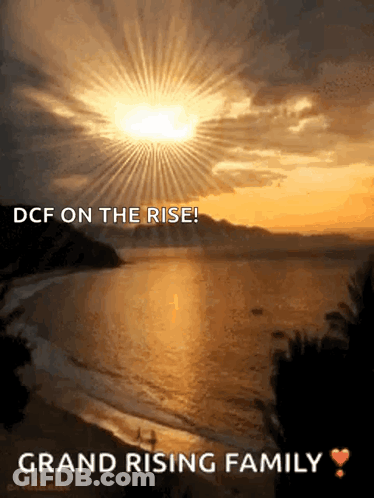 A Sunset Over A Body Of Water With The Words Grand Rising Family Below It GIF