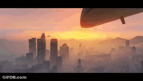 A Sunset Over A City With A Plane Flying Overhead GIF