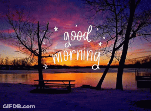 A Sunset Over A Lake With The Words Good Morning Written In White GIF