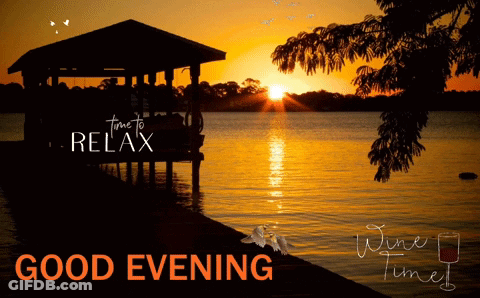 A Sunset Over A Lake With The Words " Time To Relax " GIF