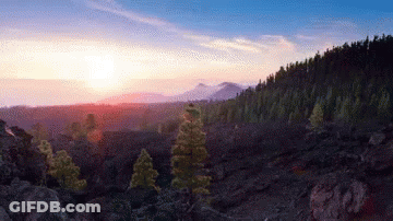 A Sunset Over A Valley With Trees And Rocks In The Foreground GIF