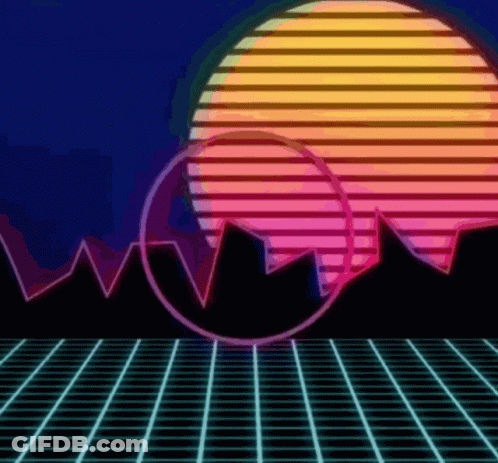 A Sunset With Mountains In The Background And A Neon Grid In The Foreground GIF