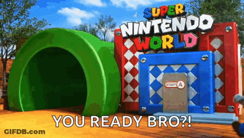 A Super Nintendo World Sign With A Green Pipe In The Background GIF