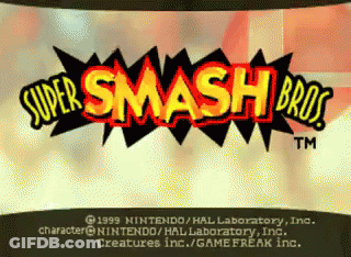 A Super Smash Bros Logo That Says 1999 Nintendo Hal Laboratory Inc GIF
