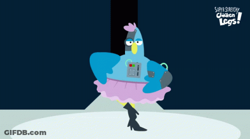 A Super Stretchy Chicken Legs Poster With A Blue Bird GIF