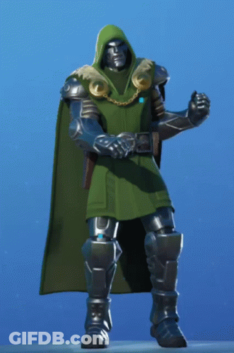 A Superhero With A Green Cape And Armor Stands In Front Of A Blue Background GIF