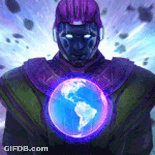 A Superhero With A Purple Helmet Is Holding A Glowing Globe In His Chest . GIF