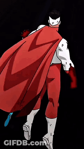 A Superhero With A Red Cape Is Walking In The Dark . GIF