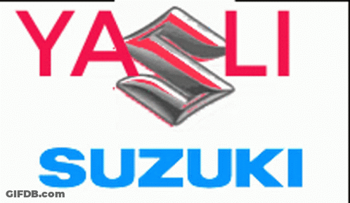A Suzuki Logo On A White Background With Red Letters GIF
