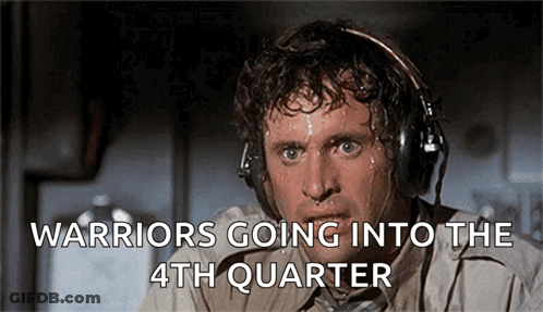 A Sweaty Man Wearing Headphones With The Words Warriors Going Into The 4Th Quarter GIF