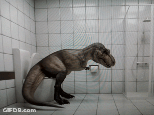 A T-Rex Is Standing On A Toilet In A Bathroom GIF