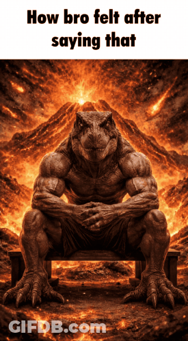 A T-Rex Sitting In Front Of A Volcano With The Words How Bro Felt After Saying That GIF