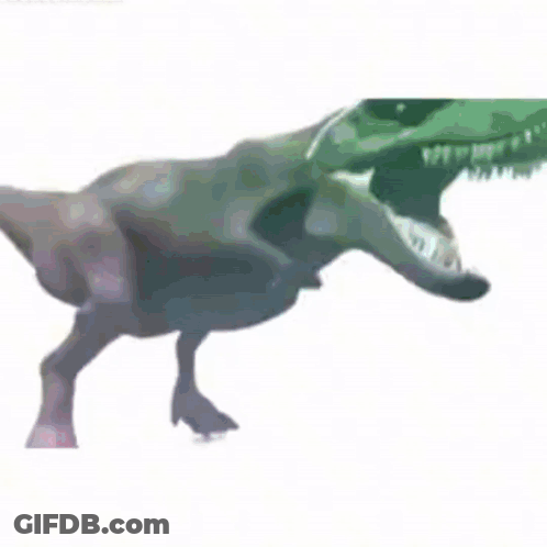 A T-Rex With A Helmet On Its Head Is Walking On A White Background . GIF