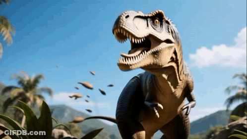 A T-Rex With Its Mouth Open Is Standing In A Jungle GIF