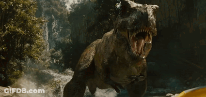 A T-Rex With Its Mouth Open Is Swimming In The Water GIF