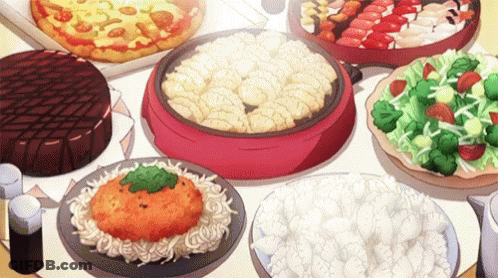 A Table Topped With A Variety Of Food Including Pizza , Noodles , Vegetables And Desserts . GIF