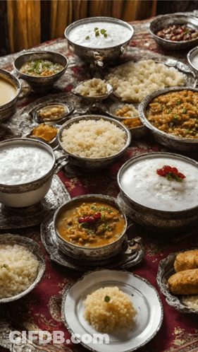 A Table Topped With Bowls Of Food And Plates Of Rice GIF