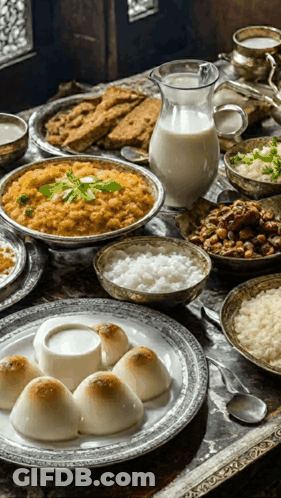 A Table Topped With Plates And Bowls Of Food Including Rice And A Pitcher Of Milk GIF