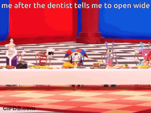 A Table With A Bunch Of Toys On It And The Words Me After The Dentist Tells Me To Open Wide On The Bottom GIF