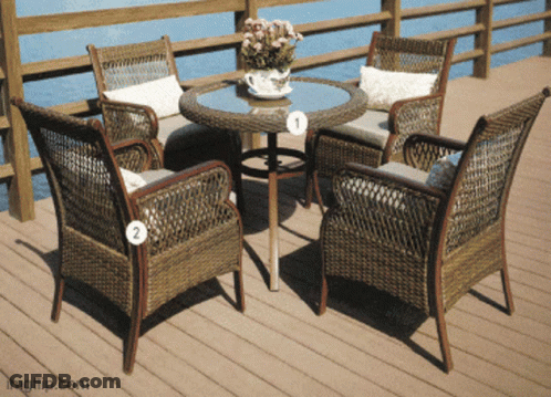 A Table With Four Chairs And A Vase Of Flowers On It Is Labeled 1 2 And 3 GIF