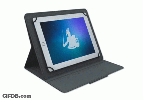A Tablet In A Black Case With A Logo On It GIF