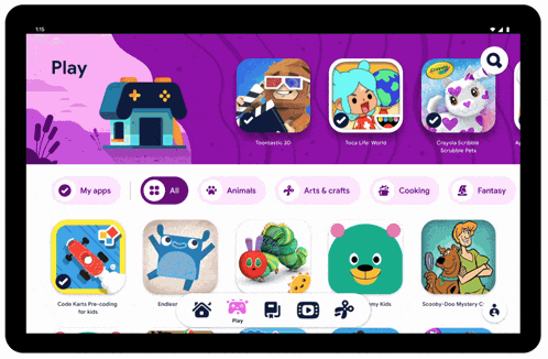 A Tablet Screen Displays A Play Page With Various Apps GIF