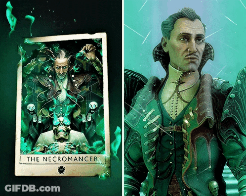 A Tarot Card That Says The Necromancer Is Next To A Picture Of A Man GIF