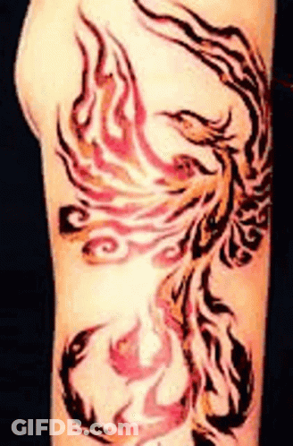 A Tattoo Of A Phoenix On A Person 'S Arm . GIF