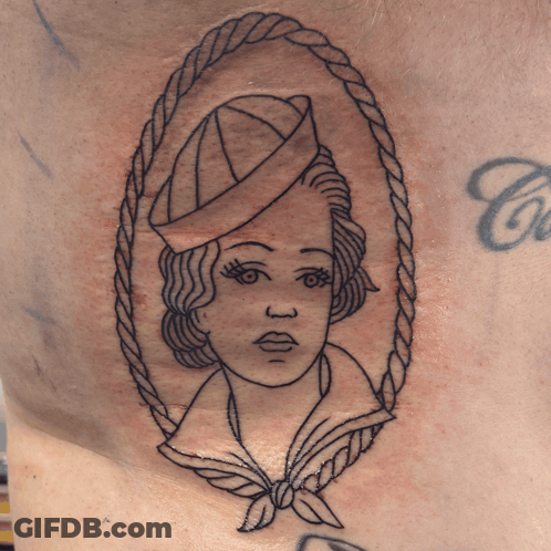 A Tattoo Of A Sailor With A Rope Around Her Neck GIF