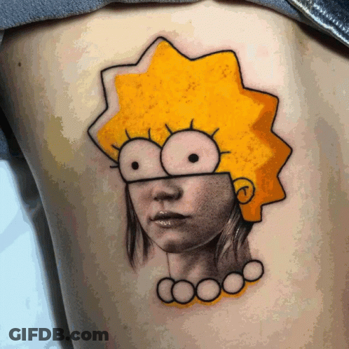 A Tattoo Of A Woman 'S Face With A Yellow Hat GIF