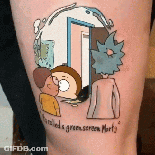 A Tattoo Of Rick And Morty On A Person 'S Leg That Says It 'S Called A Green Screen Morty GIF