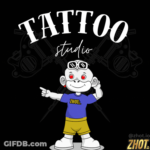 A Tattoo Studio Logo With A Monkey Wearing A Blue Shirt GIF