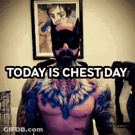 A Tattooed Man Wearing A Cat Mask And Sunglasses Says Today Is Chest Day GIF