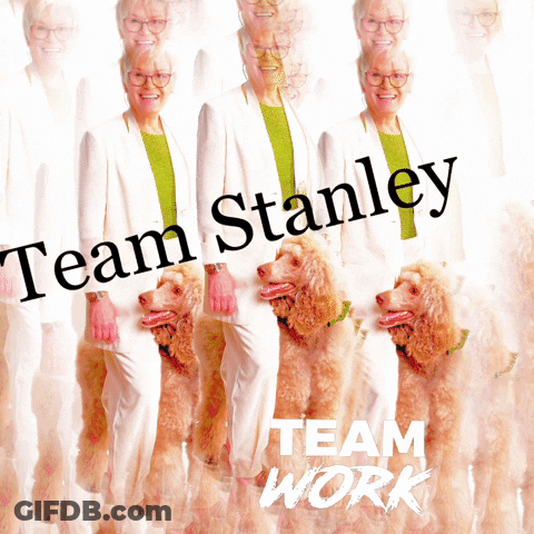 A Team Stanley Poster With A Woman Standing Next To A Dog GIF