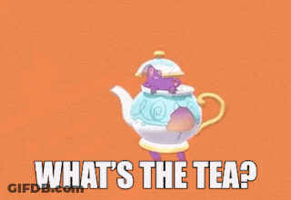 A Teapot With A Purple Ghost Coming Out Of It And The Words " What 'S The Tea " Below It GIF