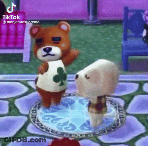 A Teddy Bear And A Dog Are Standing Next To Each Other In Animal Crossing New Leaf . GIF