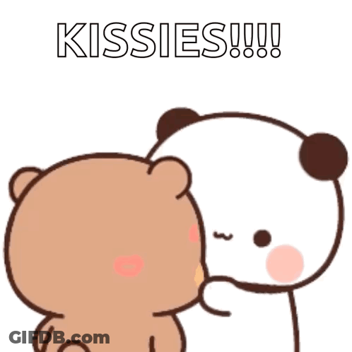 A Teddy Bear And A Panda Bear Are Kissing Each Other And The Panda Bear Is Blowing A Heart . GIF