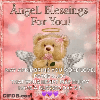 A Teddy Bear Dressed As An Angel Is Holding A Rose And Flowers . GIF