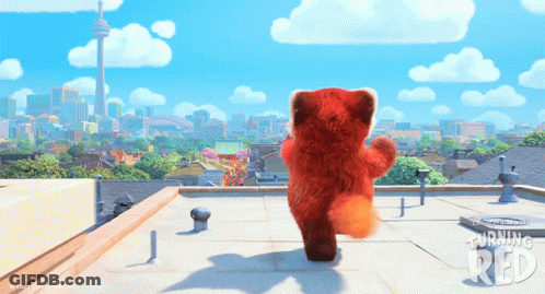 A Teddy Bear From The Movie Turning Red Is Walking On The Roof Of A Building GIF