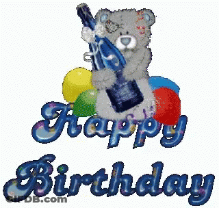 A Teddy Bear Holding A Bottle And Balloons With The Words Happy Birthday Written Below It GIF