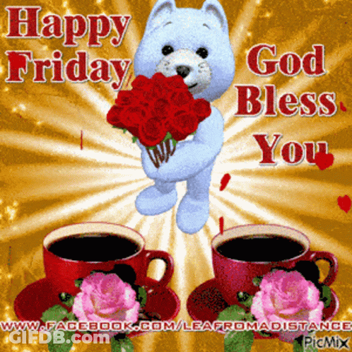 A Teddy Bear Holding A Bouquet Of Red Roses Says Happy Friday GIF