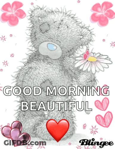 A Teddy Bear Holding A Flower With The Words " Good Morning Beautiful " Below It GIF