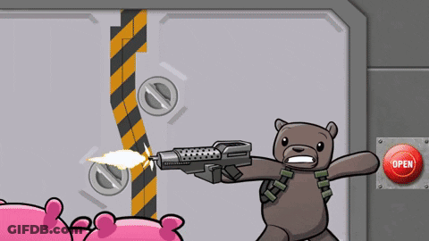 A Teddy Bear Holding A Gun Next To A Red Button That Says Open GIF