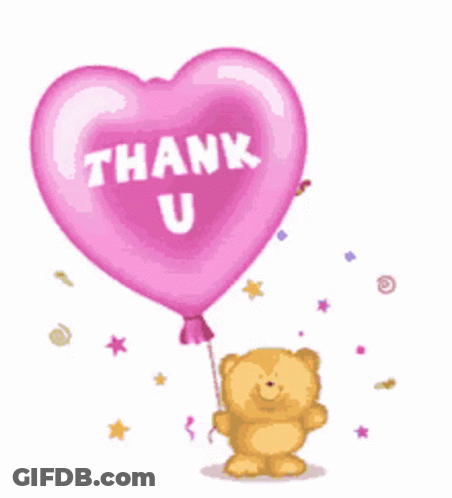 A Teddy Bear Holding A Heart Shaped Balloon That Says Thank U GIF