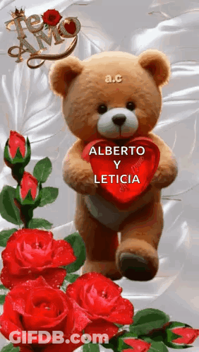A Teddy Bear Holding A Red Heart With The Words Alberto Y Leticia Written On It GIF