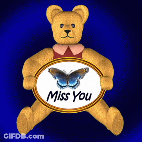 A Teddy Bear Holding A Sign That Says " Miss You " GIF